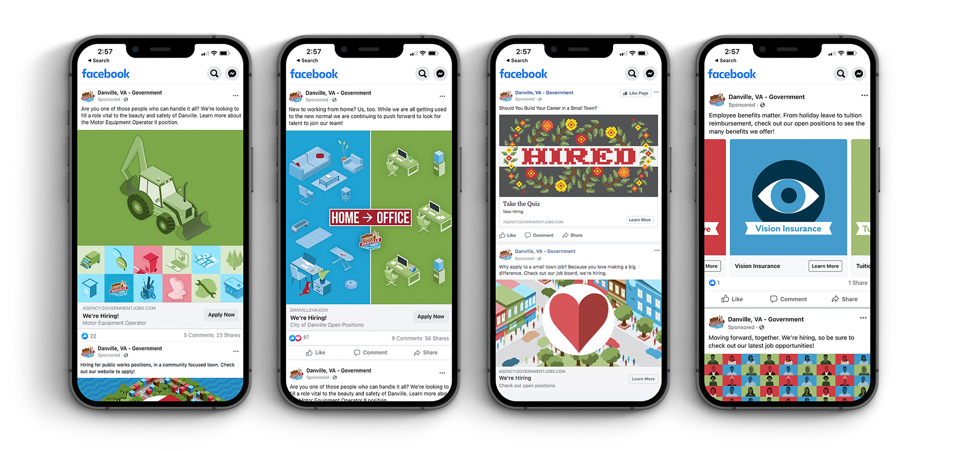 Four different social media ads promoting different jobs and benefits of working in Danville.
