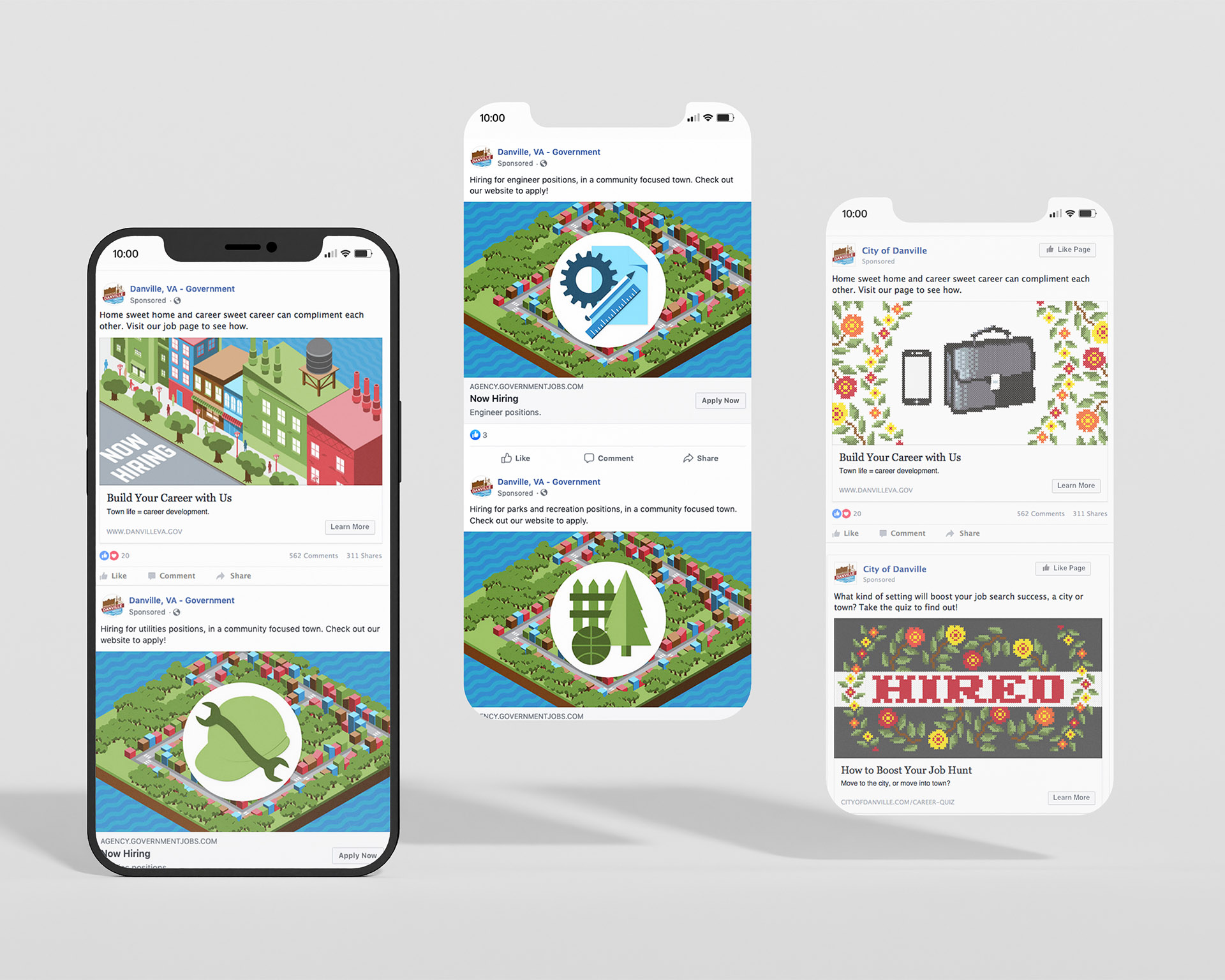 Six different social media ads promoting various jobs available in Danville.