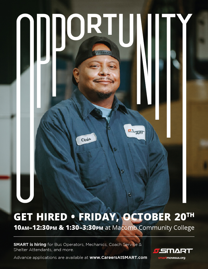 Poster for a hiring event featuring a proud employee.