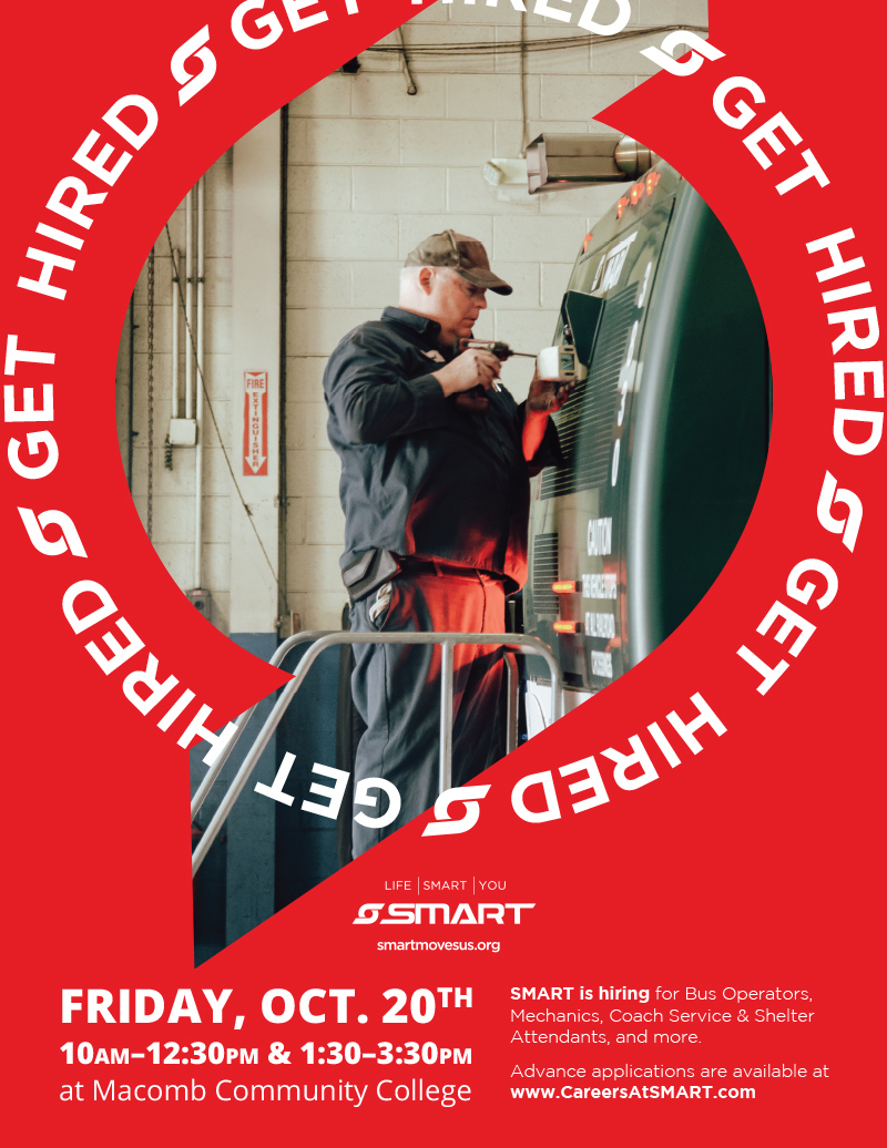 Poster promoting a hiring event featuring a bus mechanic at work.