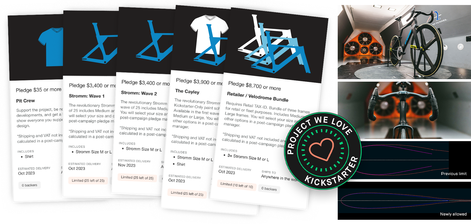 A collage of Kickstarter reward graphics, photos used on the Kickstarter project page, and the Kickstarter project-we-love badge.