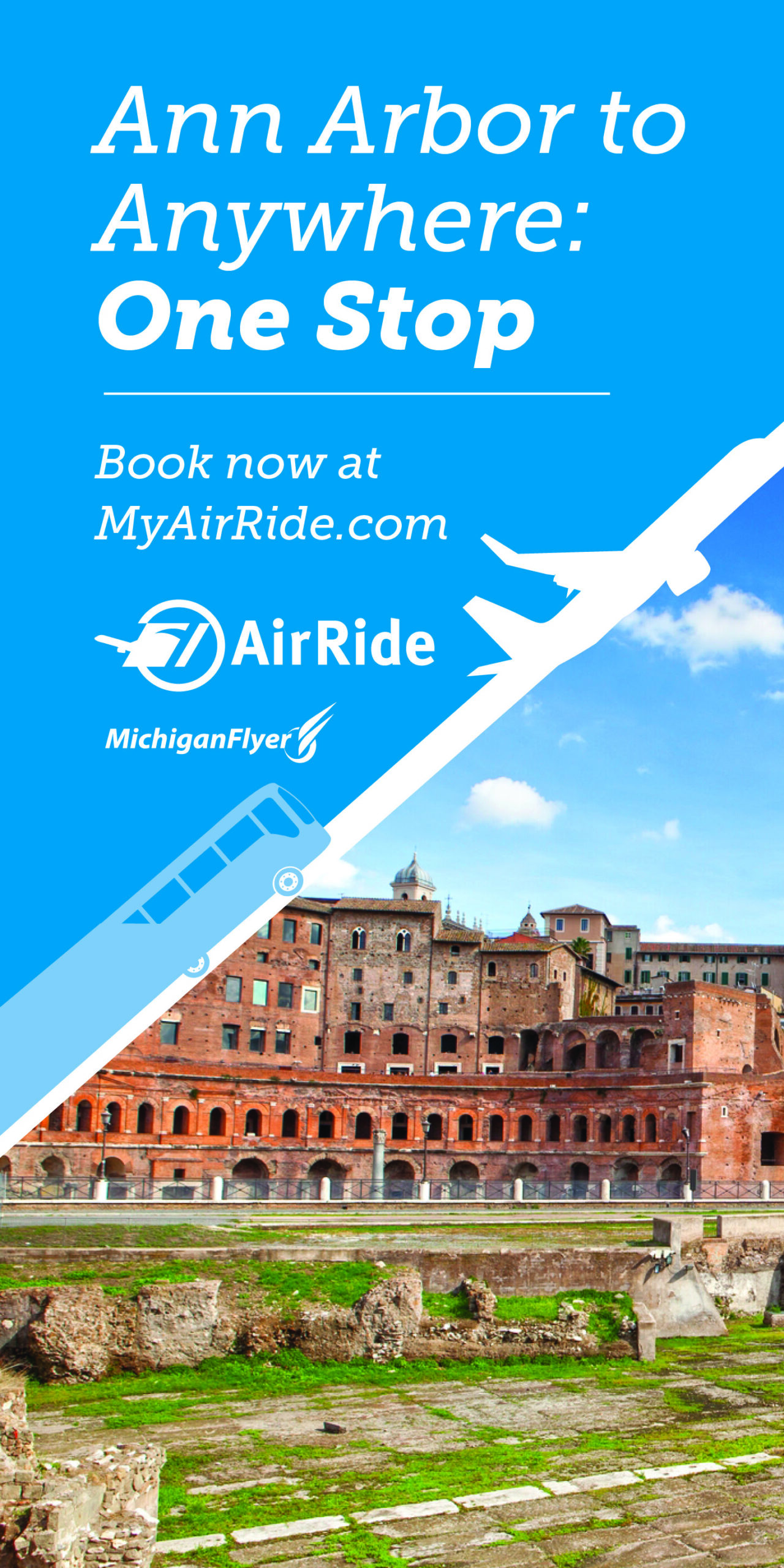 Banner ad for the AirRide bus: Ann Arbor to Anywhere, One stop.