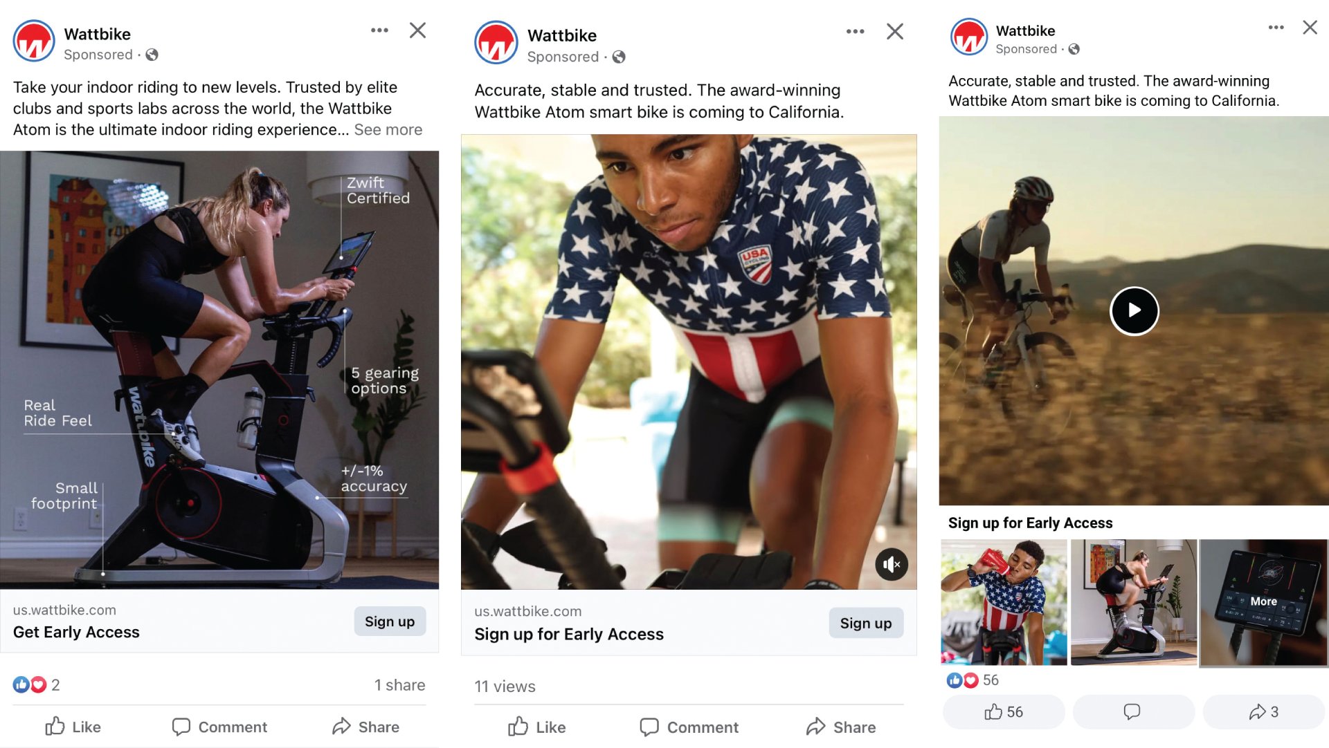 Three digital ad previews promoting the Wattbike Atom
